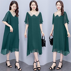 (现货）胖mm短袖雪纺连衣裙女2025夏季新款娃娃领黑色气质裙子，女装大码女装，深妍伊美