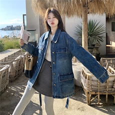 蓝色中长款系带收腰牛仔羽绒服女2025冬新款气质保暖90白鸭绒外套，女装羽绒服，2C159
