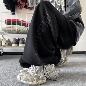 大码新款美式复古阔腿裤男女同款字母涂鸦运动休闲卫裤拖地裤子潮图片