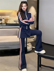 时尚休闲减龄套装女春款条纹拼接立领开衫上衣屁帘微喇长裤三件套，女装套装/套裙，江南
