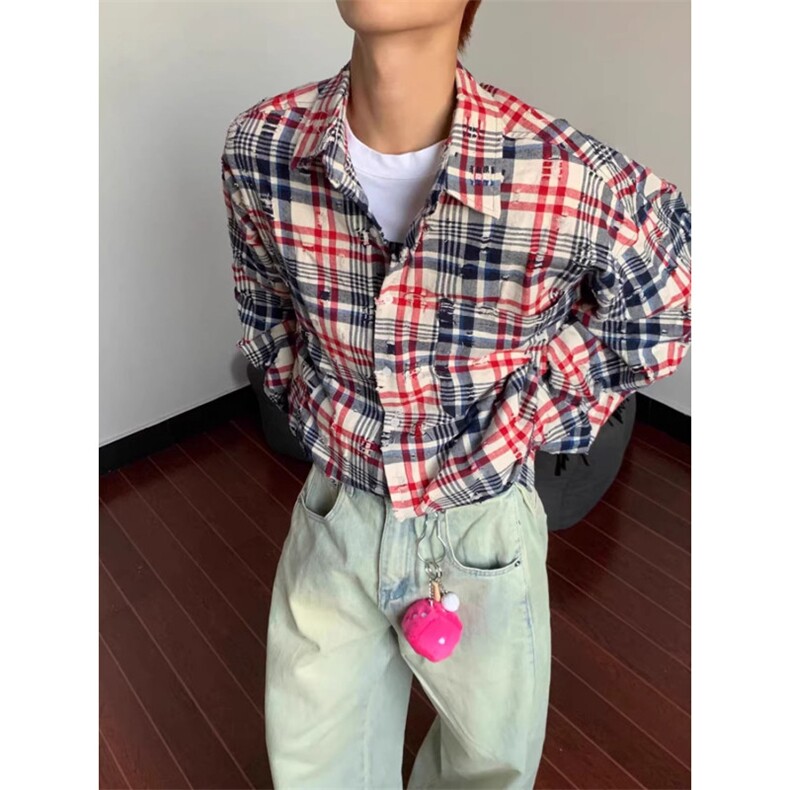 新款复古设计感拼色格纹长袖衬衫男休闲衬衣外套A3030-P40,男装衬衫,星座208-5