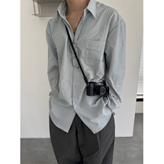 条纹休闲衬衫男春季宽松长袖衬衣韩版潮流翻领上衣710-806P50，男装衬衫，星座710