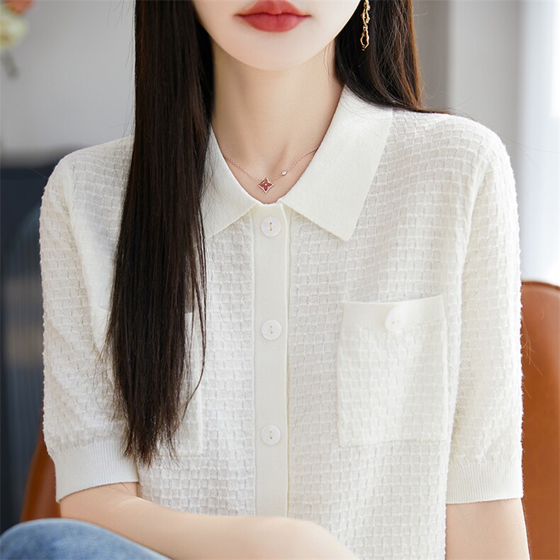 2025春夏新款娃娃领系扣纯色短袖开衫女简约气质亲肤百搭半袖小衫,针织衫/毛衣,暖烁特种纱工厂店