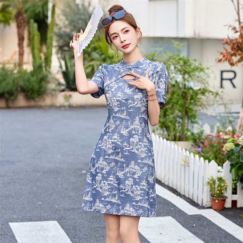 新中式风连衣裙女夏改良旗袍2025年新款高端小个子修身短款裙子,女装连衣裙,依多米