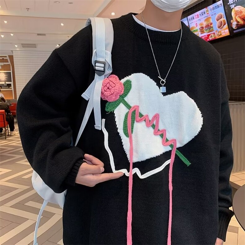 复古设计感爱心玫瑰毛衣男女秋季新款宽松情侣针织衫潮M9088-P53图片