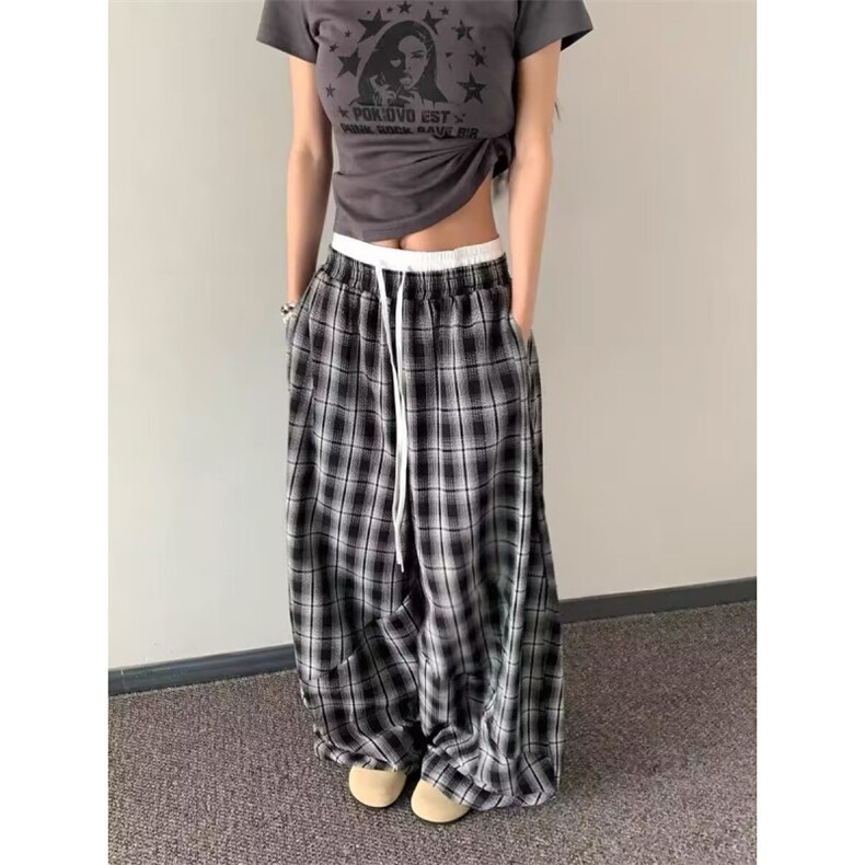 AK2144-P52复古慵懒风双腰头拼接格子阔腿裤男女同款,女装休闲裤,星座617A-2