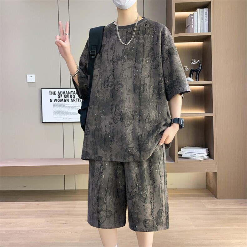 夏季港风套装男宽松扎染满天星短袖T恤短裤套装TZ6629-P55控79,男装牛仔裤,星座310B