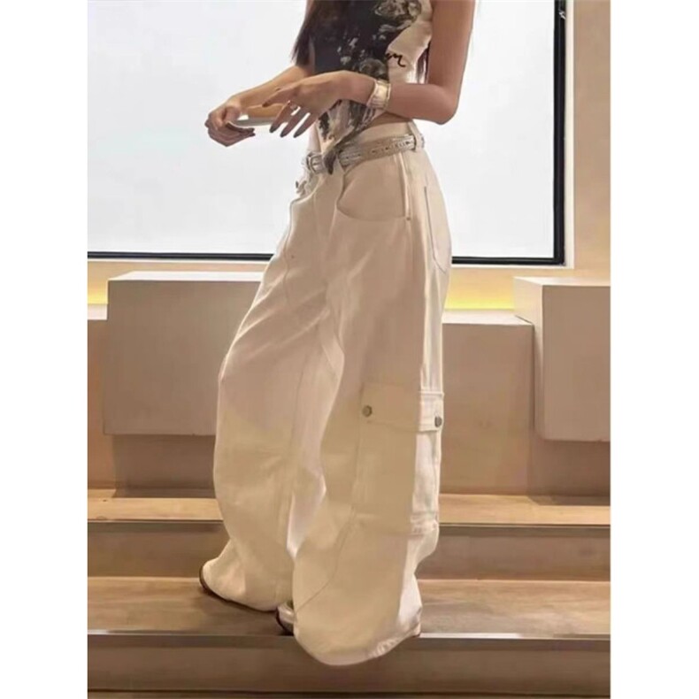 大码美式重工设计白色工装牛仔裤女秋季高腰直筒显瘦宽松阔腿裤子,男装牛仔裤,星座506A