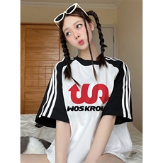 夏季美式高街重磅纯棉三条杠织带插肩撞色男女短袖T恤CZ22-特P25，男装T恤，电商A486