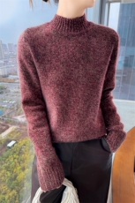 花纱宽松马鞍肩纯羊毛衫女半高领加厚毛衣2025秋冬新款针织羊绒衫，女装羊毛衫，百越羊绒