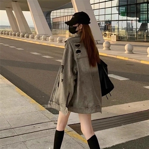 2025美式高街设计感水洗破洞牛仔外套男女春季做旧工装潮vibe夹克图片