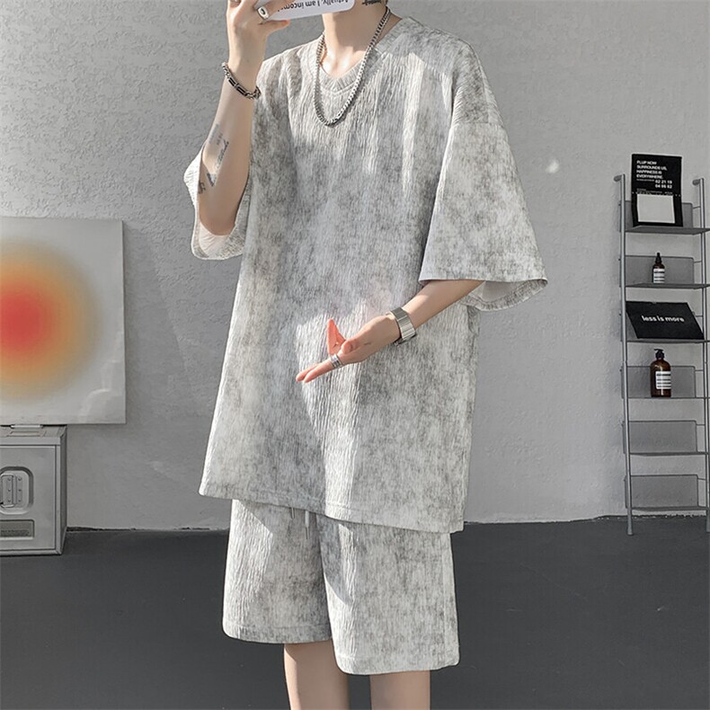 特批P50无差价夏季百搭冰感冰丝扎染纹理感大码两件套装男TZ5367,男装休闲套装,电商A001
