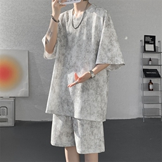特批P50无差价夏季百搭冰感冰丝扎染纹理感大码两件套装男TZ5367，男装休闲套装，电商A001