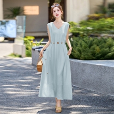 欧洲站2026春季新款法式度假风V领修身收腰无袖气质亚麻连衣裙女，女装连衣裙，衣之秀