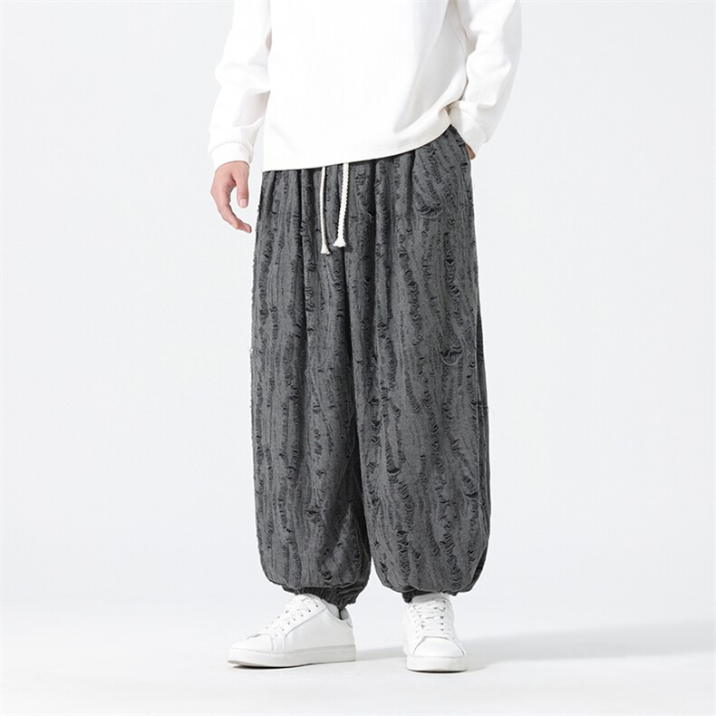 2026新款风男收脚宽松哈伦裤破洞纹理乞丐装灯笼裤K182-P65，男装休闲裤，电商B277(原6028)