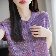 渐变色短袖T恤女2025夏轻薄透气显瘦小飞袖上衣打底小衫，女装针织衫/毛衣，暖烁特种纱工厂店