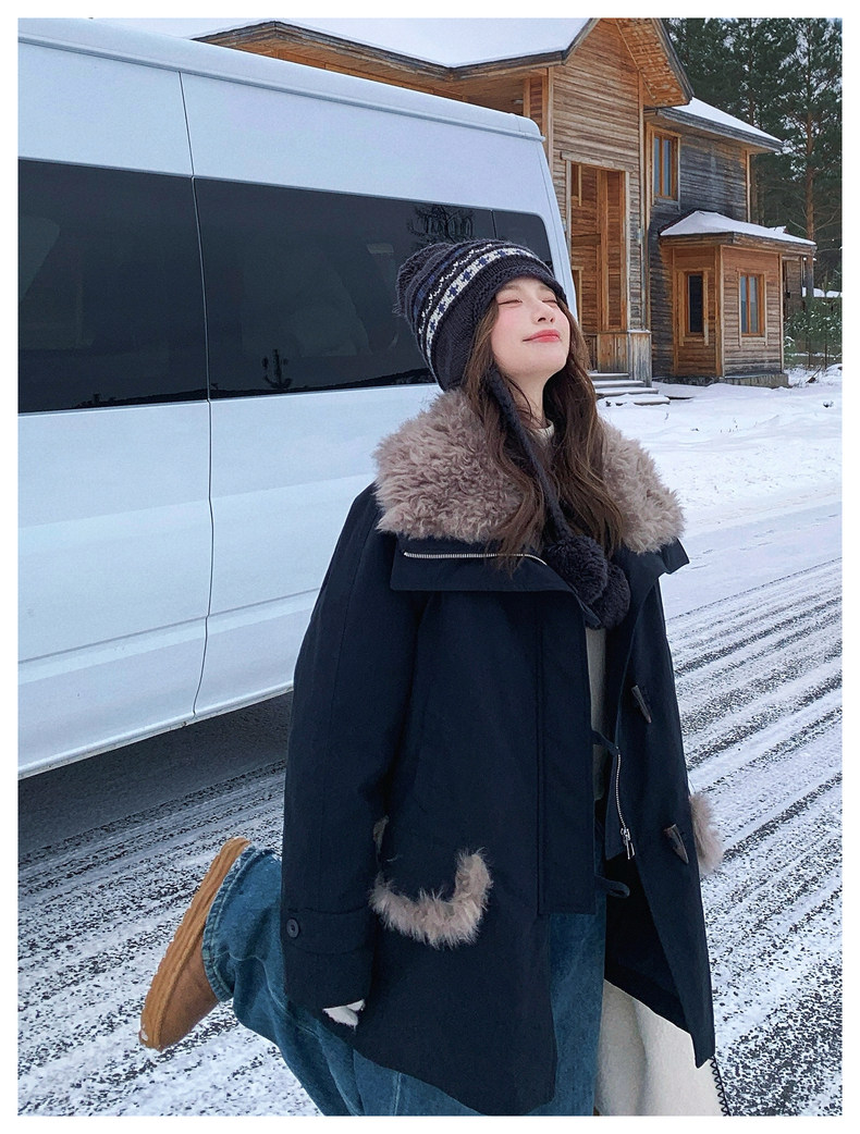 羊羔毛翻领加厚保暖派克服女冬巨好看中场款宽松外套,女装羊羔毛/颗粒绒,浙宝131