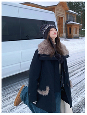 羊羔毛翻领加厚保暖派克服女冬巨好看中场款宽松外套，女装羊羔毛/颗粒绒，浙宝131