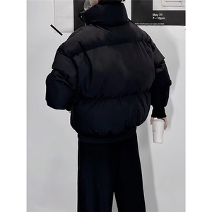 纯色假两件立领短款棉服外套男女同款冬季加厚面包服保暖黑色棉衣图片