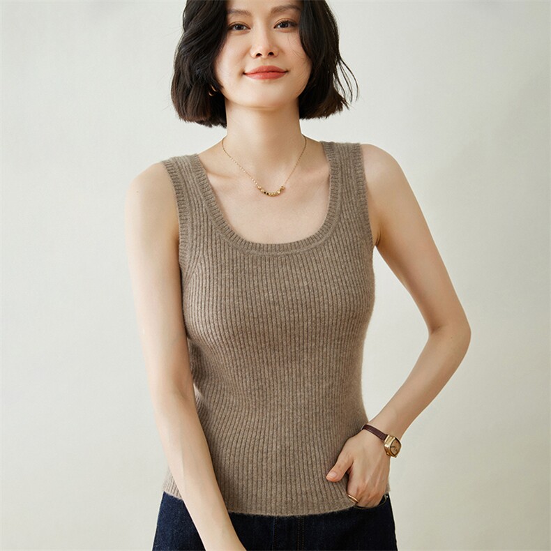 时尚百搭女士抽条吊带背心简约优雅显瘦针织衫,女装背心吊带,迎冬羊绒