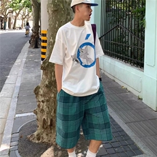 日系街头蓝格子短裤男宽松直筒夏季百搭五分裤子ins美式腿中裤，男装牛仔裤，四季星座505