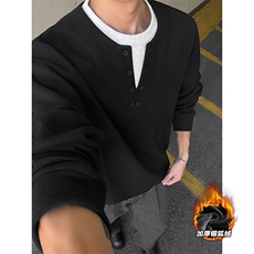 380g重磅华棉假两件保暖银狐绒亨利领男卫衣W5419J加绒-特P45控88，男装棉衣，电商A001