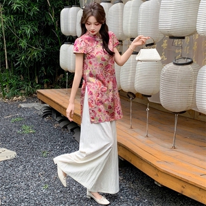 新中式g风套装女2026夏季流行复古印花盘扣旗袍上衣阔腿裤两件套图片