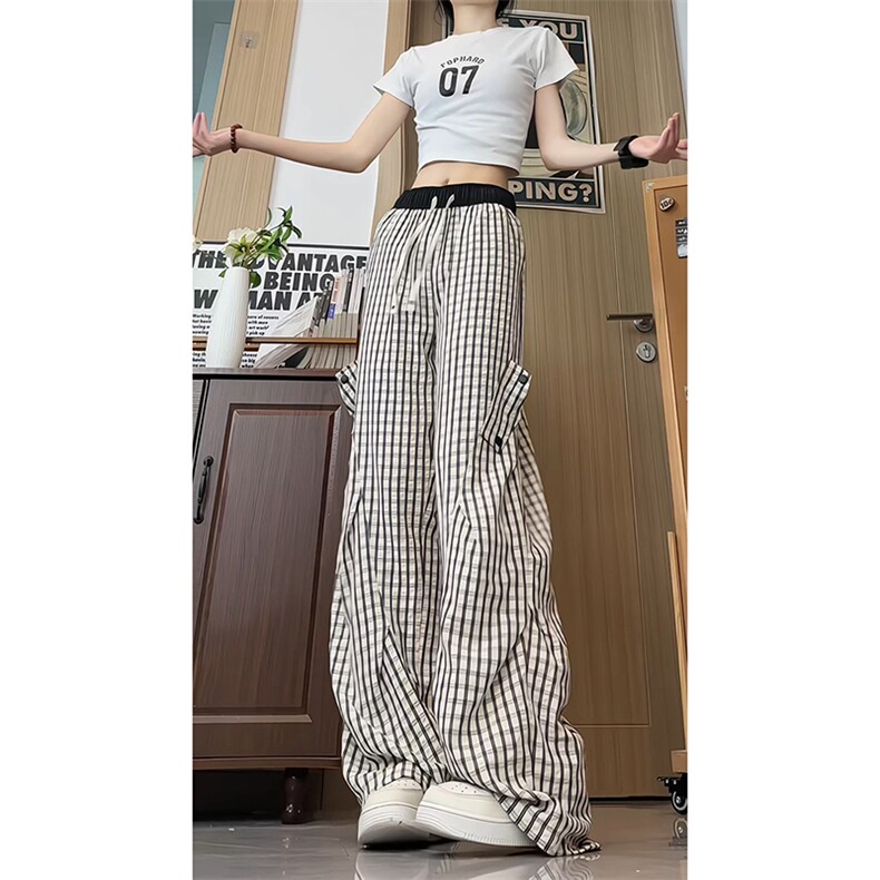 K5051/P40夏季薄款透气凉感格子裤男女同款垂感褶皱休闲裤长裤子,男装休闲裤,电商A141