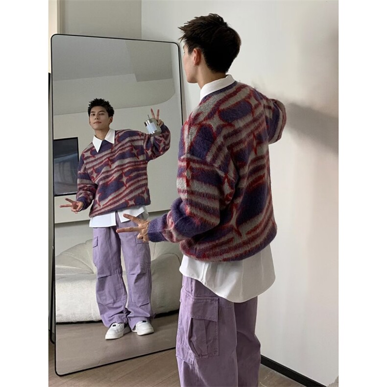 美式情侣宽松慵懒风软糯针织衫秋季潮牌复古条纹毛衣男鹿毛绒毛衣图片