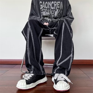 暗黑色牛仔裤男韩版潮流高街2025春秋新款ins宽松长裤K2242-P43图片