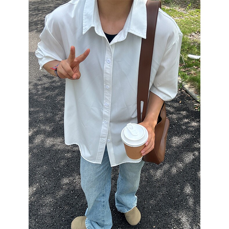 薄款冰丝短袖衬衫男简约纯色垂感休闲痞帅衬衣CS288-P20,男装T恤,星座301C-5