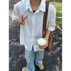 薄款冰丝短袖衬衫男简约纯色垂感休闲痞帅衬衣CS288-P20，男装T恤，星座301C-5