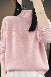 红色毛衣高端秋冬新款羊绒衫女半高领提花加厚套头针织羊毛打底衫图片