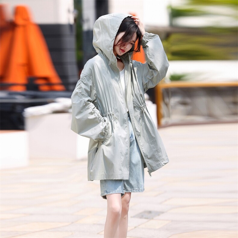 有防晒报告】夏中长款薄风衣外套宽松型夏季防紫外线薄外套,女装风衣,鑫源服饰