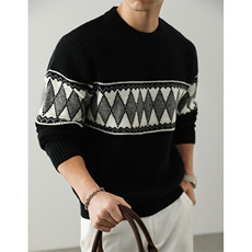 菱形格子复古圆领毛衣男上衣2025秋冬加厚宽松打底衫休闲外套线衣，男装T恤，星座914