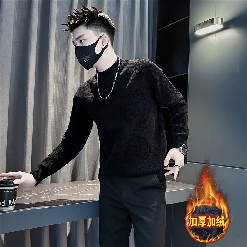 加绒提花半高领毛衣男社会小伙店主风301C-M100-P78控108图片