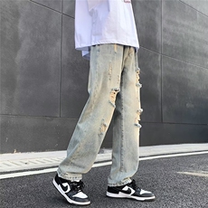 高街vibe风直筒割破洞牛仔长裤hiphop男女休闲裤N09046-P45，男装牛仔裤，星座308B-1