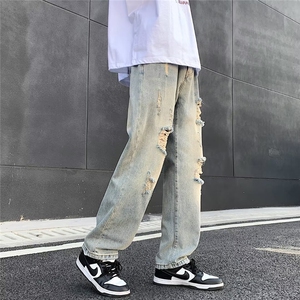 高街vibe风直筒割破洞牛仔长裤hiphop男女休闲裤N09046-P45图片
