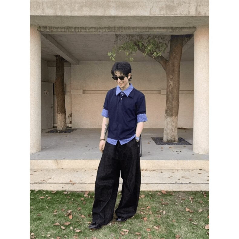 得物抖音高品质二开夏季美式潮牌高街假两件格子衬衣翻领短袖T恤,男装T恤,电商A486
