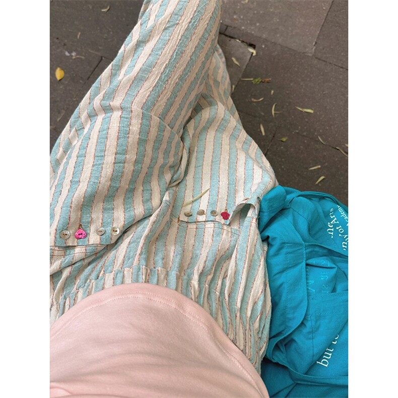 薄荷绿色贝壳扣条纹裤子男女款夏季设计感宽松慵懒长裤CCBN05-P53,男装休闲裤,星座1007（原301D）