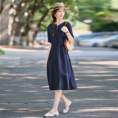 文艺风简约休闲纯色棉麻连衣裙女2025夏新款气质抽绳收腰显瘦裙子，女装连衣裙，依万里