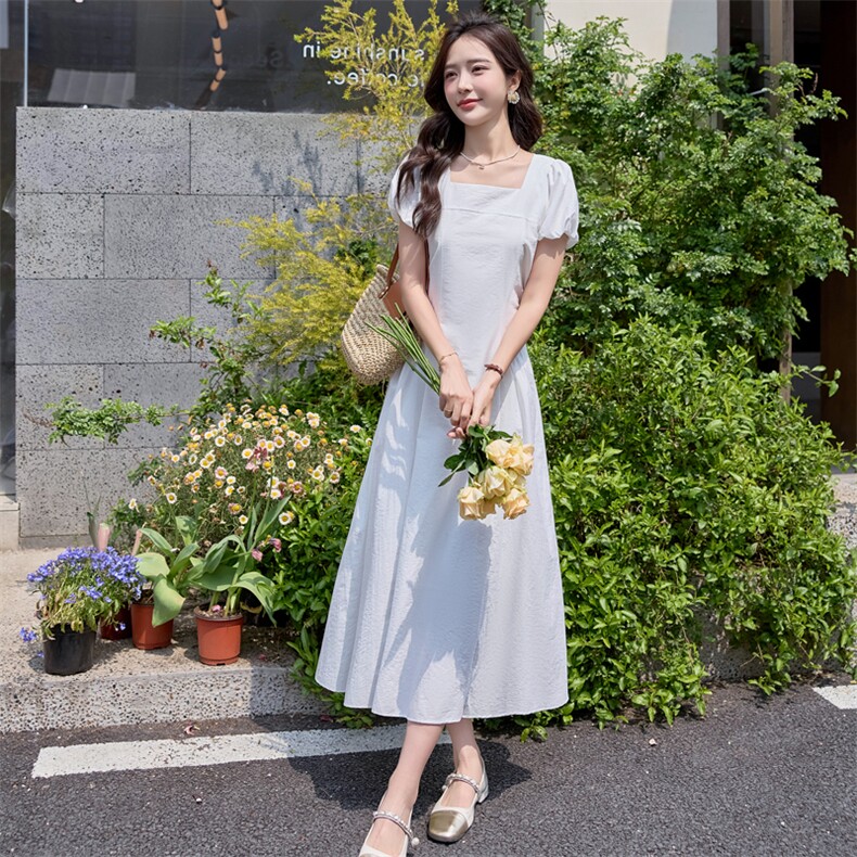洋气绝美白色连衣裙女2025夏新款方领法式收腰显瘦气质泡泡袖长裙,女装连衣裙,潮流依族