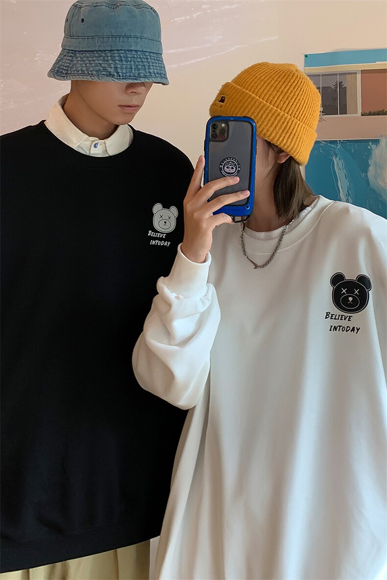 EY07春季港风男女宽松卡通小熊圆领长袖套头卫衣学生情侣装潮P30,男装卫衣,电商C306-1