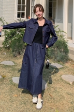 深蓝色时尚牛仔套装裙女2025春季新款学院风减龄衬衫半身裙三件套，女装套装/套裙，2D078