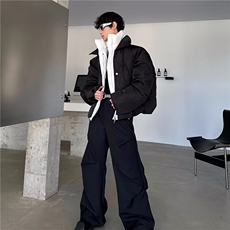 冬季PU皮拼接假两件棉衣男亮面双层小众设计感加厚宽松棉服外套潮，男装棉衣，星座506A