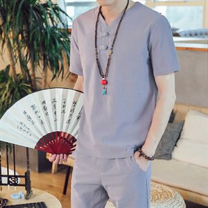 DY18*夏季2021男士棉麻短袖T恤套装长裤两件套装男 灰蓝 *P50图片