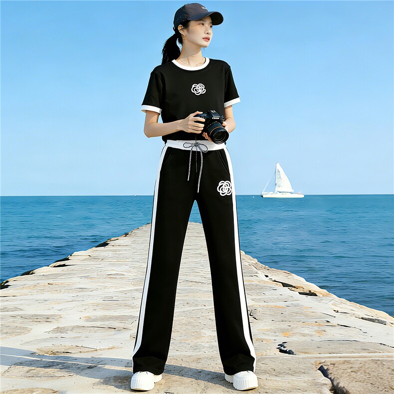 女夏季新款时尚休闲套装洋气显瘦纯色圆领短袖上衣休闲长裤两件套,女装套装/套裙,江南