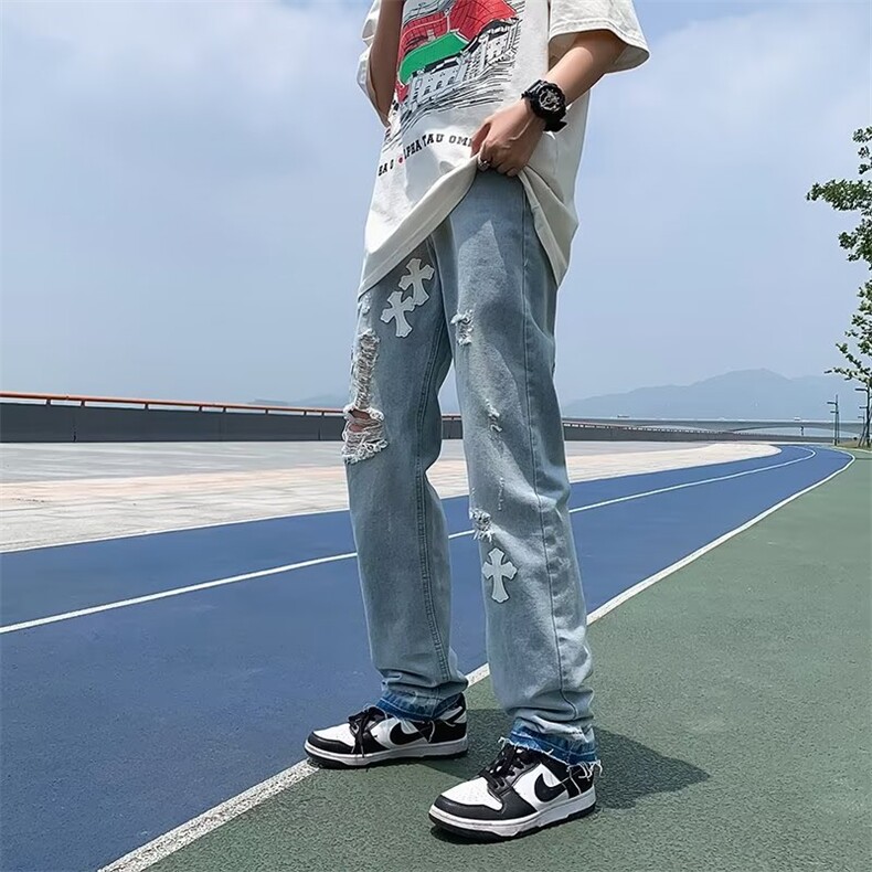 牛仔裤男夏季潮大码休闲裤子高街十字架破洞裤子N8102P42,男装牛仔裤,星座1116-2