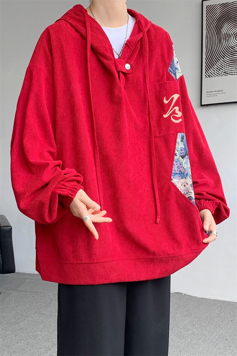 藏青色灯芯绒刺绣工装连帽卫衣男新中式国风高级感宽松潮牌外套秋,男装卫衣,电商A059