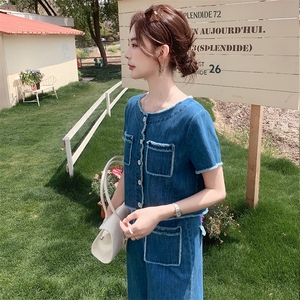 休闲时尚毛边牛仔套装女2025年夏季新款宽松气质减龄阔腿裤两件套图片